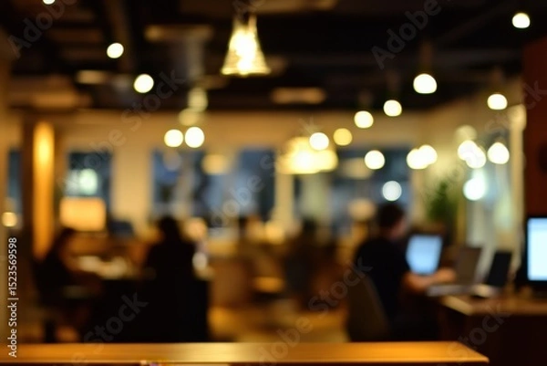 Fototapeta Warm Blurred Interior Workspace Background for Creative Projects and Design Mockups