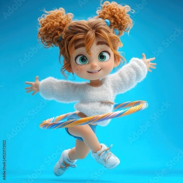 Obraz Cheerful Animated Girl Enjoying Hula Hooping Against Blue Background