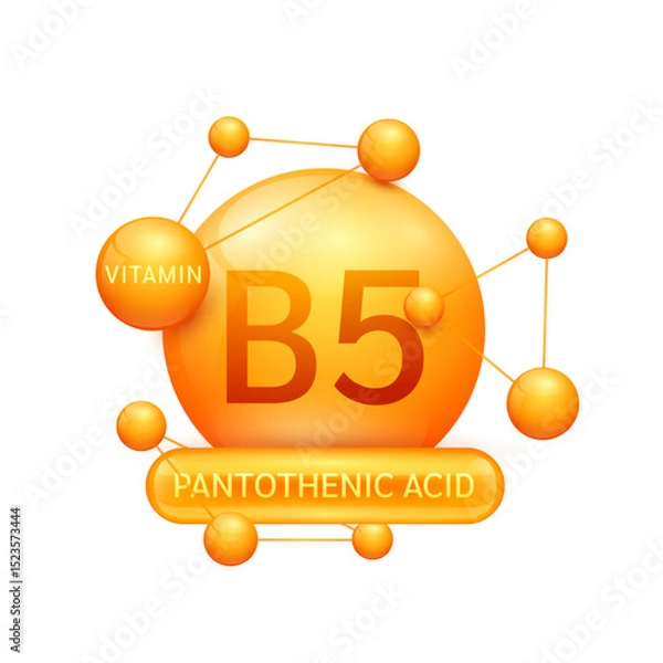 Fototapeta Orange vitamin B5 or Pantothenic Acid surrounded by molecule atoms on white background. Vitamins complex for design dietary supplement products. Medical science health care concept. 3D Vector EPS10.