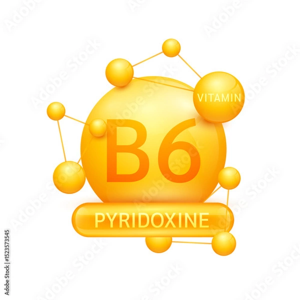 Fototapeta Orange vitamin B6 or Pyridoxine surrounded by molecule atoms on white background. Vitamins complex for design dietary supplement products. Medical science health care concept. 3D Vector EPS10.