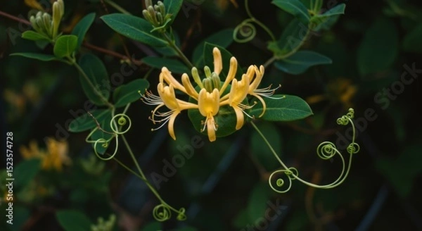 Fototapeta Detailed Honeysuckle Blossom Displaying Curled Tendrils and Vibrant Foliage