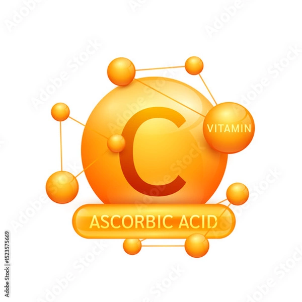 Fototapeta Orange vitamin C or Ascorbic Acid surrounded by molecule atoms on white background. Vitamins complex for design dietary supplement products. Medical science health care concept. 3D Vector EPS10.