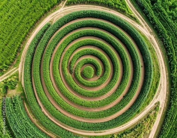 Fototapeta Aerial View of Spiraling Green Crops and Dirt Paths in Agricultural Field