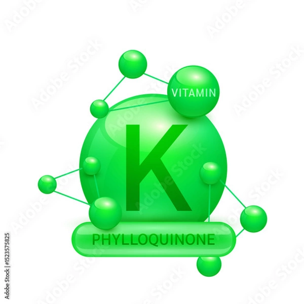 Fototapeta Green vitamin K or Phylloquinone surrounded by molecule atoms on white background. Vitamins complex for design dietary supplement products. Medical science health care concept. 3D Vector EPS10.