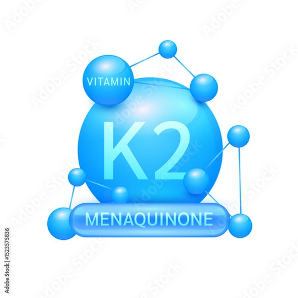 Fototapeta Blue vitamin K2 or Menaquinone surrounded by molecule atoms on white background. Vitamins complex for design dietary supplement products. Medical science health care concept. 3D Vector EPS10.