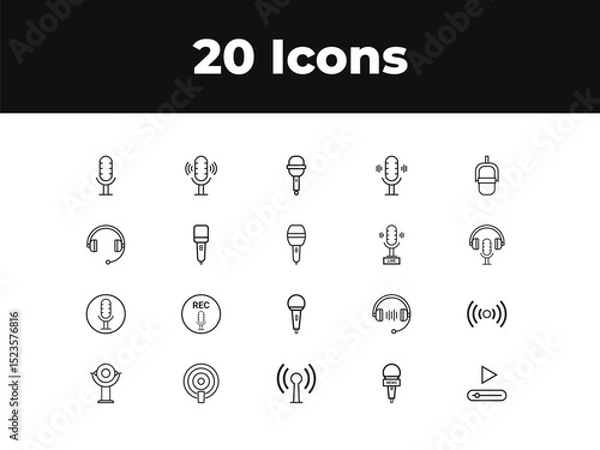 Obraz Podcast line icon set. Set of outline icons related to podcast, microphone, podcasting, record, audio, broadcasting, studio and others. Vector illustration.