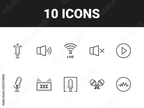 Obraz Podcast line icon set. Set of outline icons related to podcast, microphone, podcasting, record, audio, broadcasting, studio and others. Vector illustration.