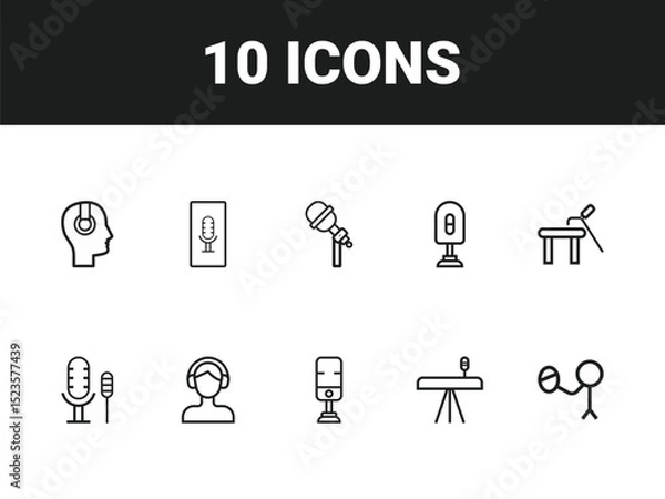 Obraz Podcast line icon set. Set of outline icons related to podcast, microphone, podcasting, record, audio, broadcasting, studio and others. Vector illustration.