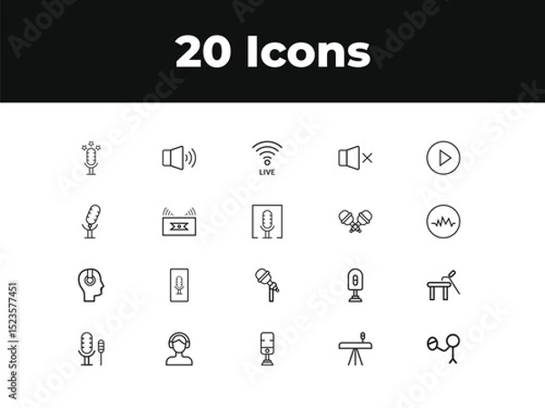 Obraz Podcast line icon set. Set of outline icons related to podcast, microphone, podcasting, record, audio, broadcasting, studio and others. Vector illustration.