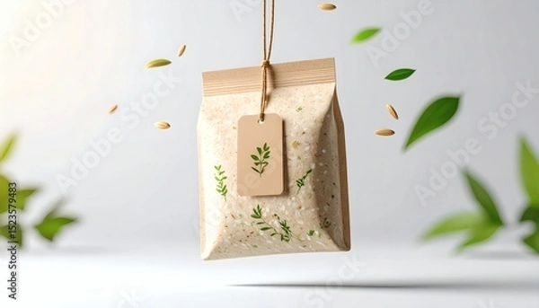 Obraz Elegant paper bag with botanical design and tag suspended in a bright studio
