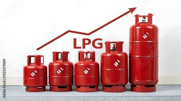 Fototapeta This powerful visual illustrates the escalating global demand and market growth for essential energy commodities like LPG, petrol, and oil, depicted by rising containers and a strong upward trend sign