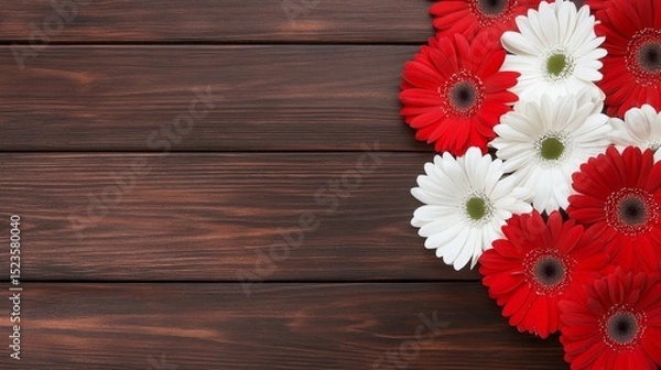 Obraz Red and White Gerbera Daisies on Wood - Red and white gerbera daisies arranged on a dark brown wooden background. Perfect for cards, blogs, or websites