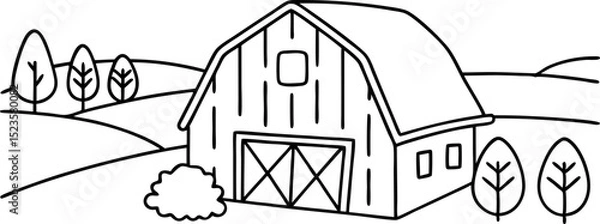 Obraz Barn outline with trees and countryside scenery simple rural landscape illustration, farmhouse and nature