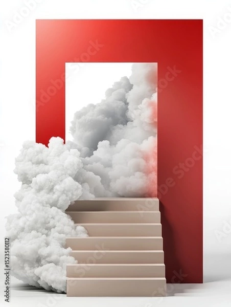 Obraz Red Doorway to Cloudy Stairs - Surreal 3D  of stairs leading into a doorway framed by a red wall, partially obscured by white smoke or clouds