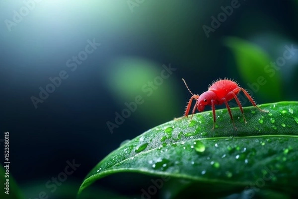 Obraz Red Insect on Dew-Covered Leaf - A vibrant red insect delicately walks across a lush green leaf, adorned with glistening dewdrops. Nature, detail, insect, macro, vibrant