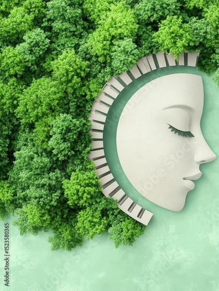 Obraz Serene Green Energy: A Vision of Nature's Embrace - A serene symbolizing peace, harmony, nature, renewal, and feminine energy. Green foliage envelops a stylized face, creating a tranquil atmosphere