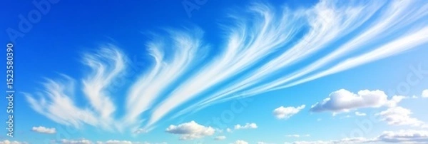 Obraz Serene Sky: Wispy Clouds and Azure Blue - Peaceful, ethereal, tranquil, bright, airy. A vast blue sky filled with delicate, wispy clouds evokes a sense of serenity and freedom