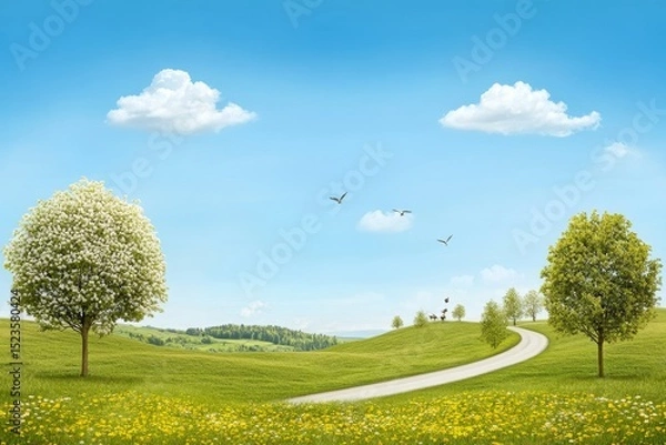 Obraz Serene Spring Countryside Road - Picturesque winding road through a vibrant spring meadow, featuring blooming trees and a clear blue sky
