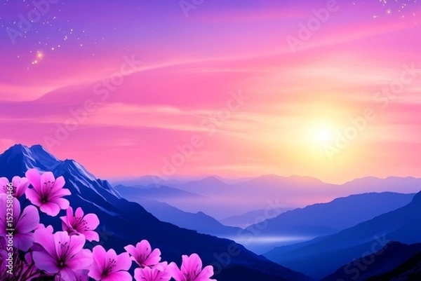 Obraz Serene Sunrise Mountain Bloom - Pink flowers in the foreground of a stunning sunrise over a mountain range. Peaceful, tranquil scene