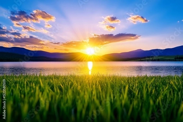 Obraz Serene Sunset Over Calm Lake - Peaceful sunset scene over a tranquil lake, mountains in the background, grass in the foreground