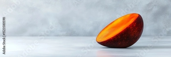 Obraz Sliced Mango on Light Gray Background - Half a mango rests on a light gray surface, its vibrant orange flesh contrasting with the dark purple skin. Minimalist food