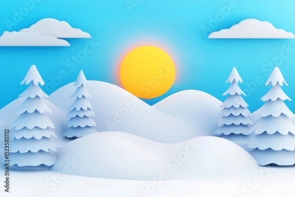 Obraz Sunrise Over Snowy Hills 3D Illustration - Serene winter landscape, 3D , showcasing snowy hills, fir trees, a bright sun, and fluffy clouds; symbolizing peace, tranquility, nature's beauty