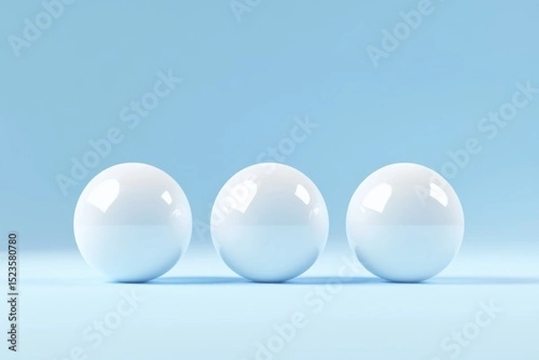 Obraz Three White Spheres on Blue - Three glossy white spheres arranged in a row against a light blue background. Simple, clean, and modern