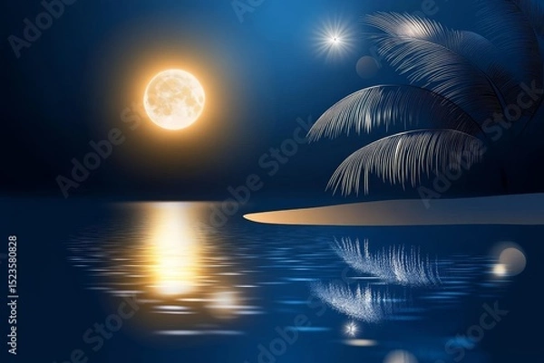 Obraz Tranquil Night Beach Scene - Serene beach scene at night, illuminated by a large full moon reflecting on calm waters, with palm trees silhouetted against the dark sky