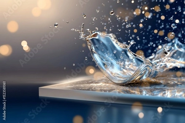Fototapeta Water Splash on Smooth Surface - Close-up of a water splash on a sleek, reflective surface with a bokeh background. Clean, modern aesthetic