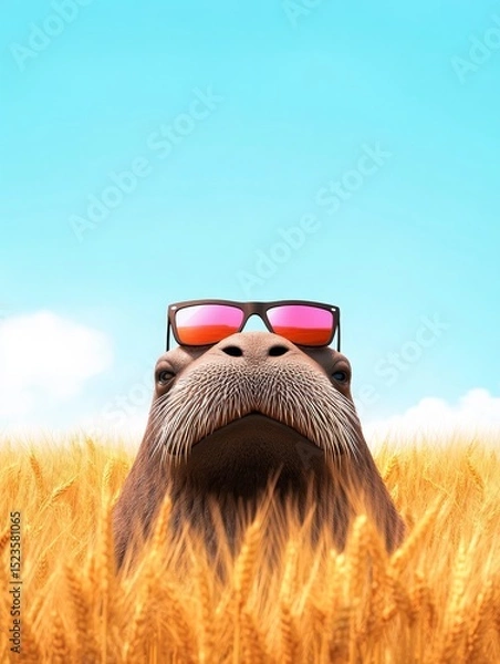 Obraz Walrus in a Wheat Field - A walrus wearing pink sunglasses hides in a field of golden wheat under a bright blue sky