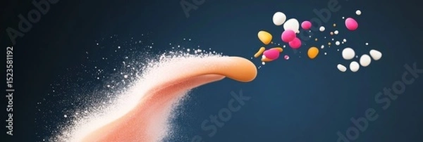 Fototapeta Abstract Colorful Dispersion - A vibrant abstract depicting a burst of colorful spheres emanating from a curved form, set against a dark blue background