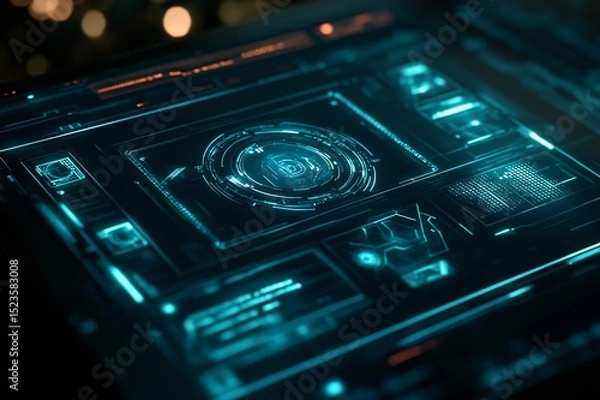 Fototapeta Futuristic interactive display with glowing turquoise interface elements

