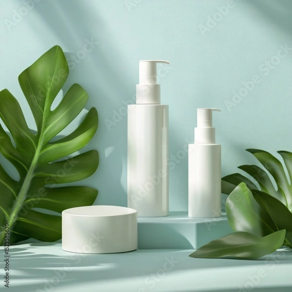 Fototapeta Minimalist Skincare Display with White Pump Bottles and Tropical Leaves