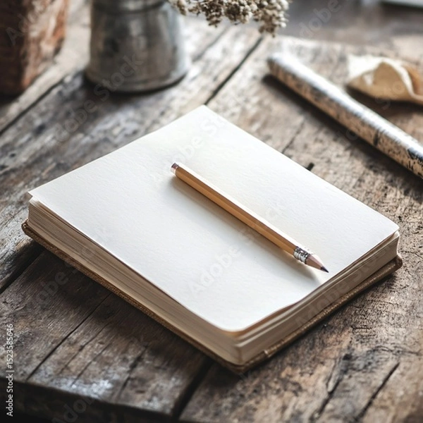 Fototapeta Blank Notebook with Pencil on Weathered Wooden Table