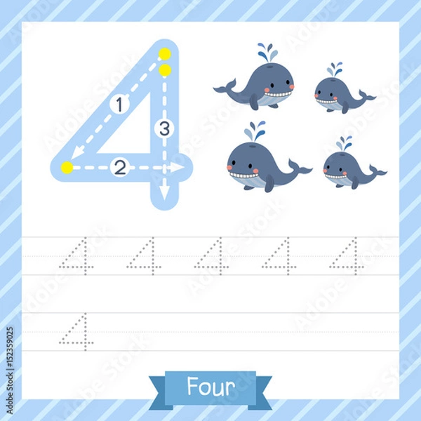 Fototapeta Number four tracing practice worksheet with 4 whales for kids learning to count and to write. Vector Illustration.