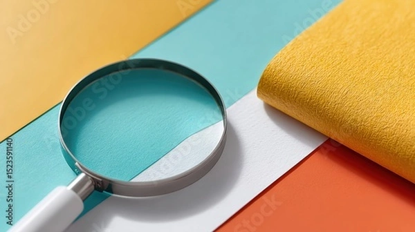 Fototapeta Bold Editorial Style Magnifying Glass on Colorful Paper Surfaces Representing Quality Control and Document Verification for Modern Business Workflow
