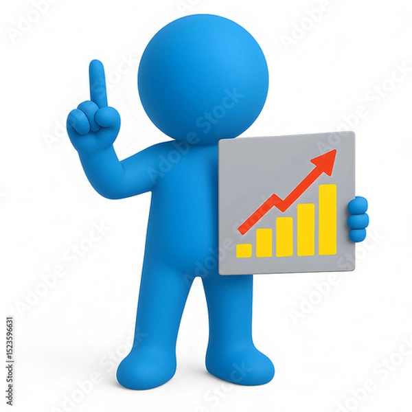 Fototapeta Blue 3D Character Presenting Upward Trend Graph Business Success and Growth