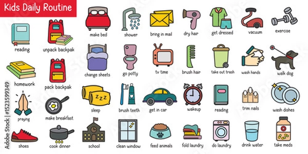 Fototapeta Set of colorful kids daily routine icon, kids chore chart icon vector