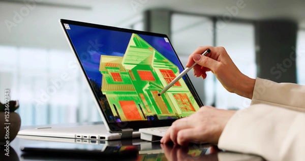 Fototapeta Woman Using Digital Tablet To Capture Image Of Thermal Insulation