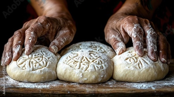 Fototapeta Hands shaping patterned bread dough.