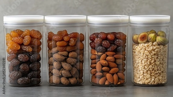 Fototapeta Dried fruit with nuts, and cereal jars.