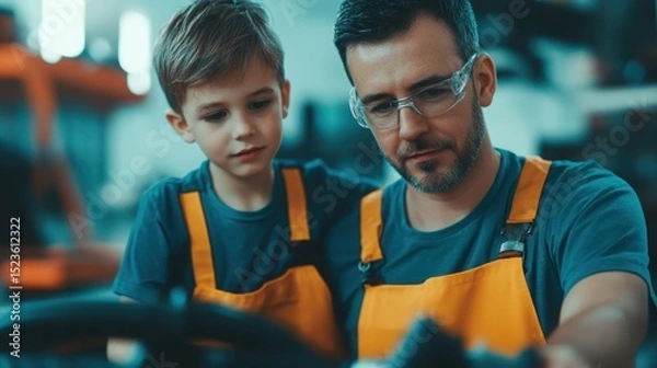 Fototapeta A father and son in matching work uniforms focus together on a hands-on project in a workshop.