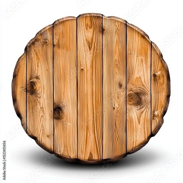 Fototapeta Round wooden slice with visible wood grain and texture, isolated on white background. Light brown and beige tones. Rustic and natural look