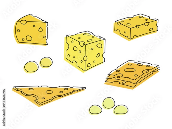 Fototapeta Cheese, vector illustration of a set of yellow cheese pieces in a hole of different varieties, isolated on white, flat design. Dairy product, food, ingredient for decoration, labels, design