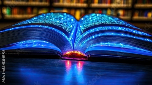 Fototapeta Glowing Book with Library Background.