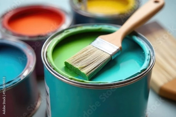Fototapeta A close-up shot of a paintbrush resting on a paint can, surrounded by various house painting tools Ready for the next stroke of color on a home improvement project , object, exterior design