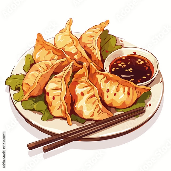 Fototapeta Gyoza Dumplings with Soy Dipping Sauce and Chopsticks