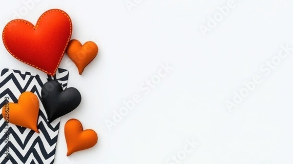 Fototapeta Overhead shot of several red, black, and orange felt hearts on a white surface next to a folded zigzag patterned cloth. Valentine's day concept with