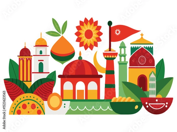 Fototapeta Vibrant illustration of bangladeshi culture and landmarks isolated on white background
