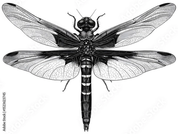 Fototapeta Detailed monochrome illustration of a dragonfly with intricate wing patterns and segmented body structure.
